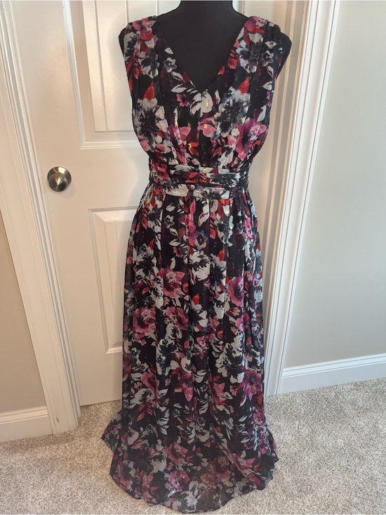 Alex Evenings Dresses & Skirts - alex & eve Black Maxi Dress with Pink & Grey Floral Print with Gold Accents